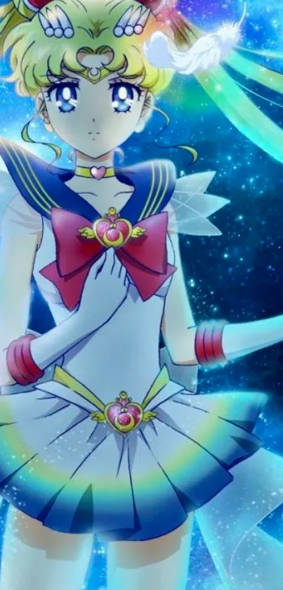 Anime magical girl with cosmic blue background and vibrant colors.