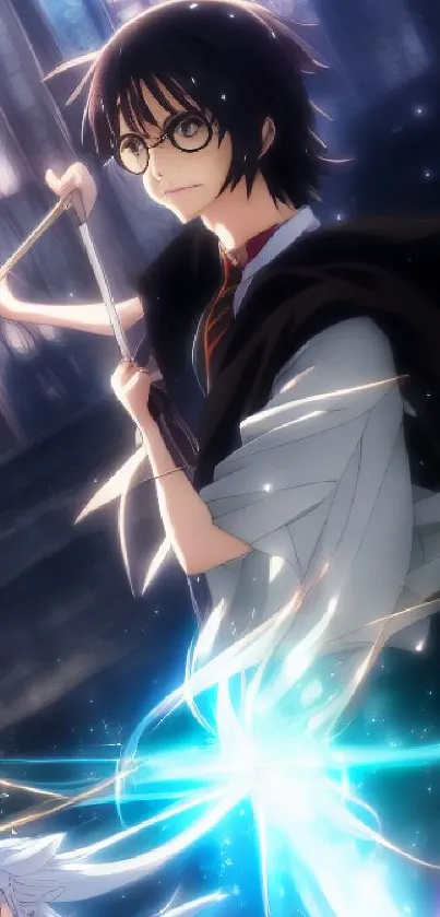 Anime characters in a magical duel with glowing wands.