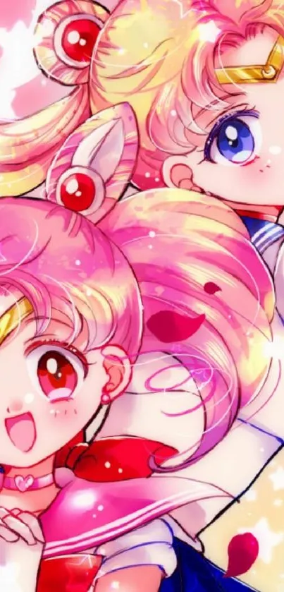 Anime duo with vibrant colors and magical details in a pink theme.