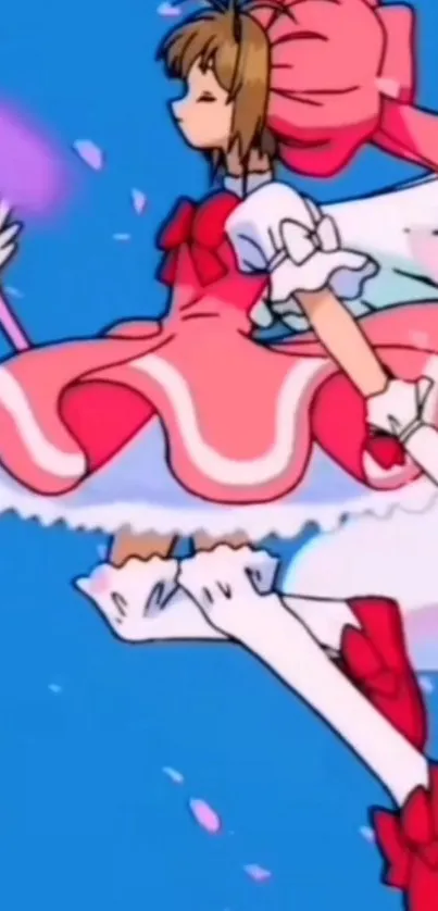 Magical anime girl in colorful dress on sky-blue background.