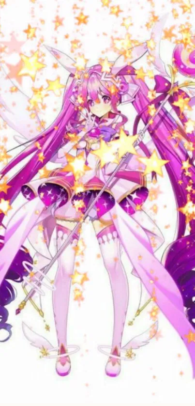 Magical anime girl with purple hair and stars in vibrant wallpaper.