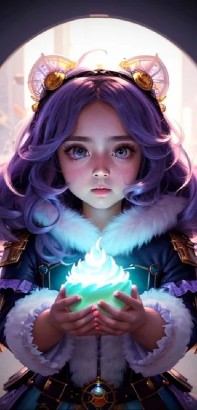 Anime girl with lilac hair holding a glowing orb.