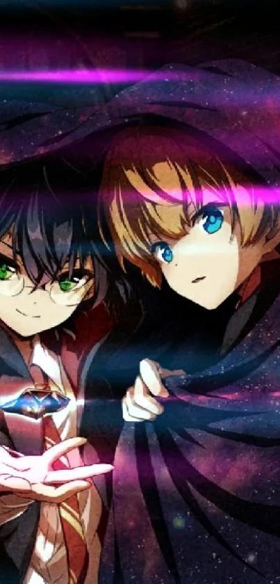 Anime trio in cloaks with magical background and intense expressions.