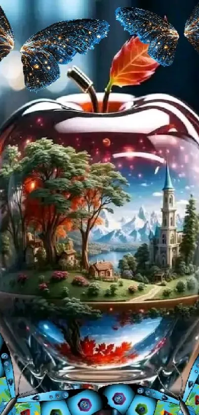 Glass apple revealing a fantasy forest landscape with butterflies.