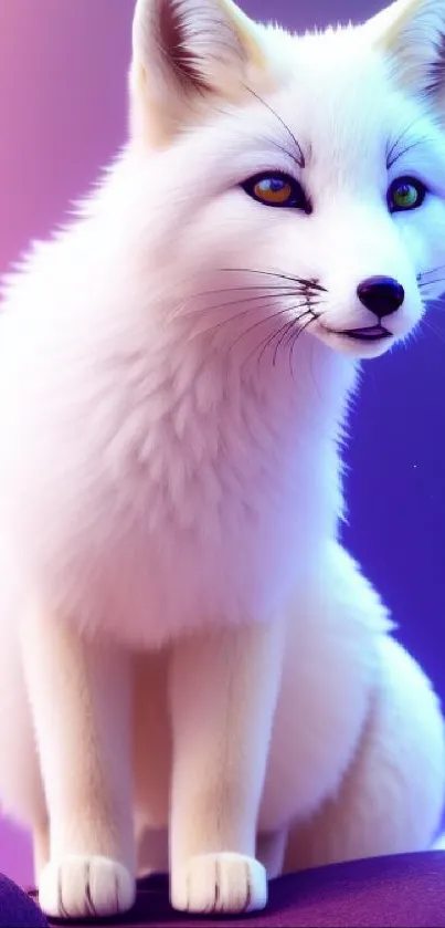 Enchanting arctic fox with glowing fur on a vibrant purple background.