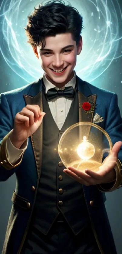 Young magician holding glowing orb with a mystical aura surrounding him in vibrant blue.