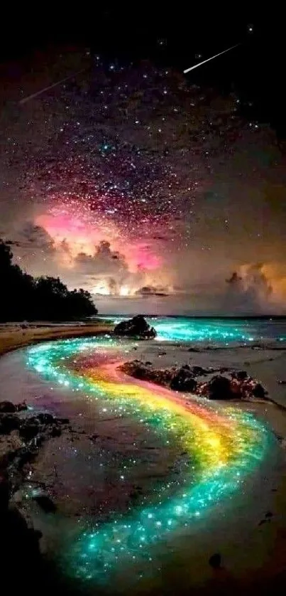 Bioluminescent rainbow path on a beach under a starry sky.