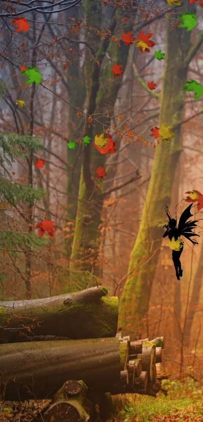 Autumn forest scene with a fairy silhouette and colorful leaves.