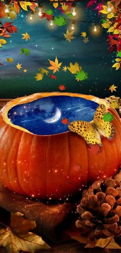 A pumpkin with a moonlit water reflection surrounded by autumn leaves.