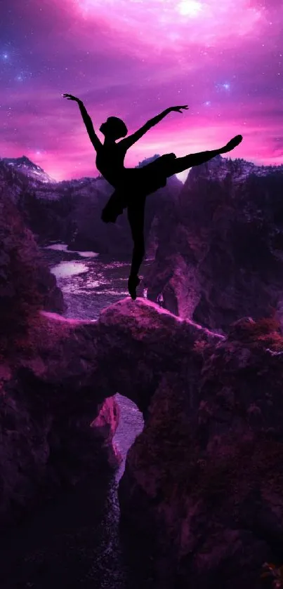 Ballerina silhouette against a cosmic pink and purple sky, creating a dreamlike scene.