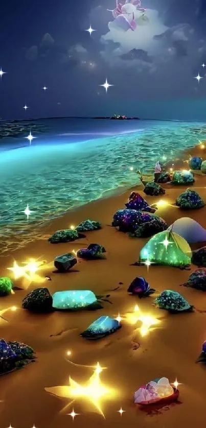 Magical beach with glowing rocks under a starry night sky.