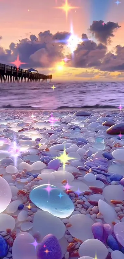 Magical beach sunset with colorful stones and sparkling stars on the shore.