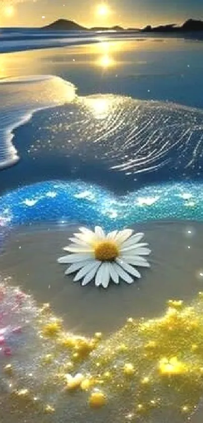 Glowing heart on a beach with a daisy at sunset.