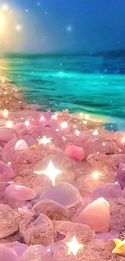 Magical beach with glowing stones under a moonlit night sky.