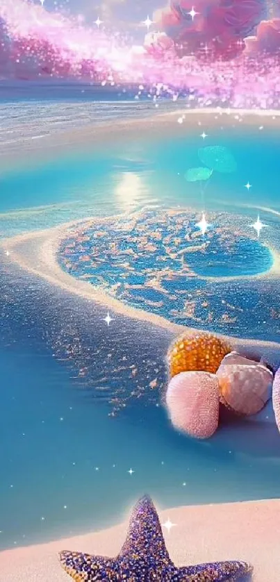 Whimsical beach scene with pink clouds and stones in vibrant colors.