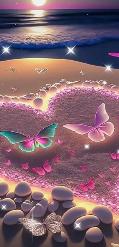 Heart and butterflies glowing on a sandy beach at night.