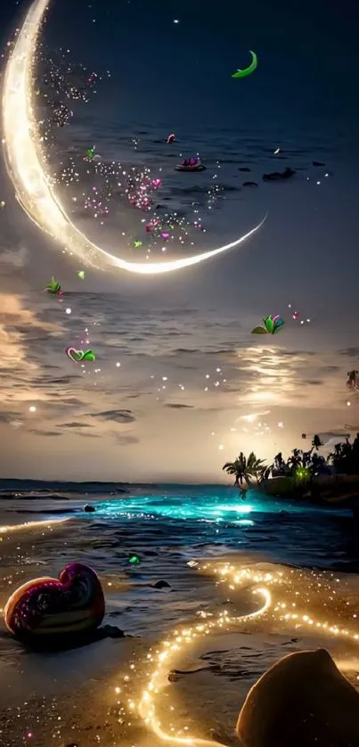 Whimsical crescent moon over beach with glowing magical lights.