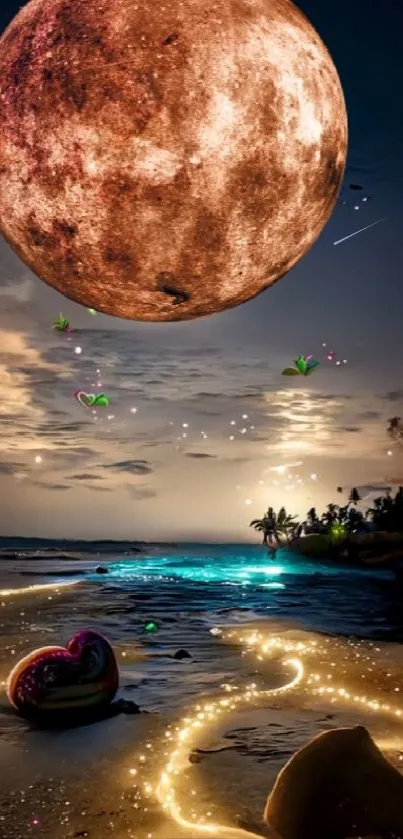 Magical beach scene under a glowing moonlit sky with ocean waves.