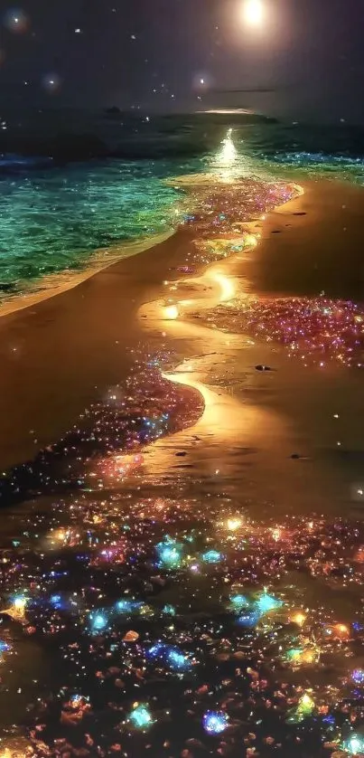 Magical night beach with glowing sands and a luminous moonlit sky.