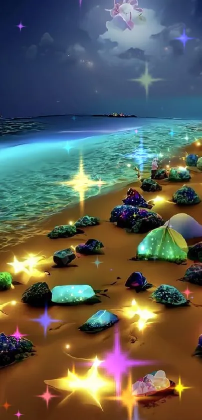 Magical beach at night with colorful glowing rocks and starry sky.