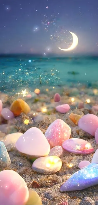 Magical beach scene with crescent moon and sparkling stones at night.