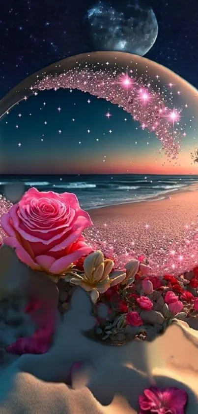 Enchanted rose on a magical beach under a starry night sky.