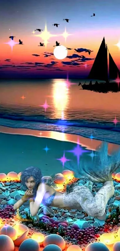 Mystical beach scene with mermaid, sunset, and candles.