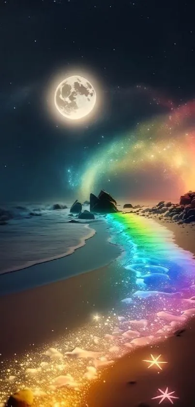 Enchanting beach under moonlight with vibrant rainbow trail.