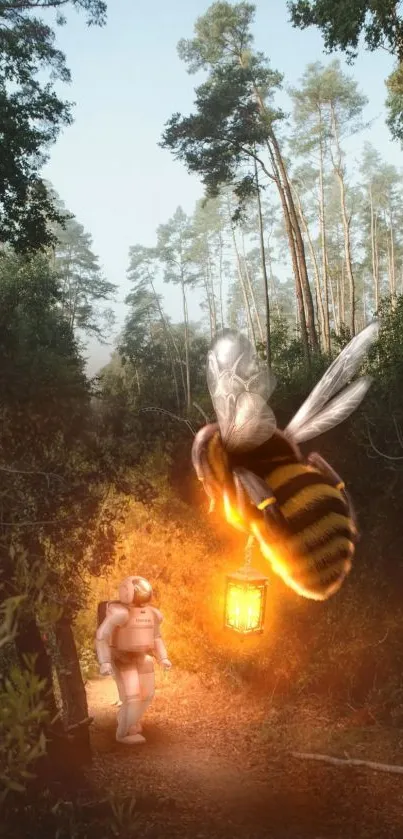 Astronaut meets a glowing giant bee in an enchanted forest scene.