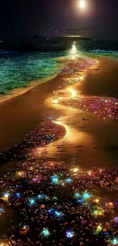 Magical bioluminescent beach at night with colorful glowing sand and ocean.