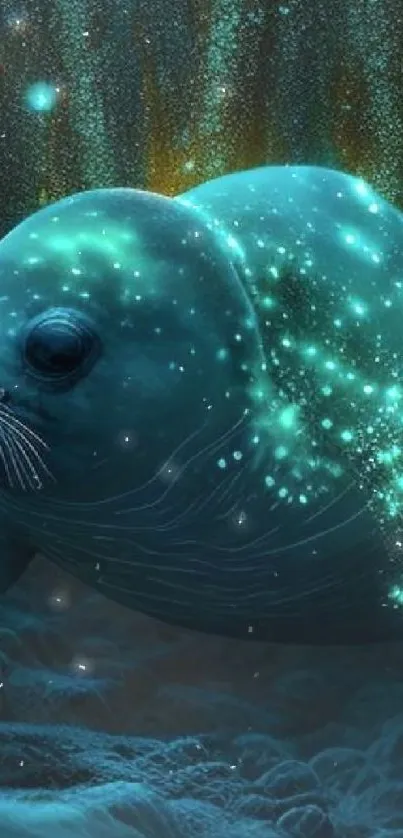 Bioluminescent seal glowing in the ocean depths, creating a magical aquatic scene.