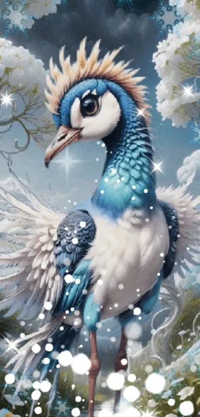 Enchanting blue bird in a fantasy scene with sparkling effects and intricate details.