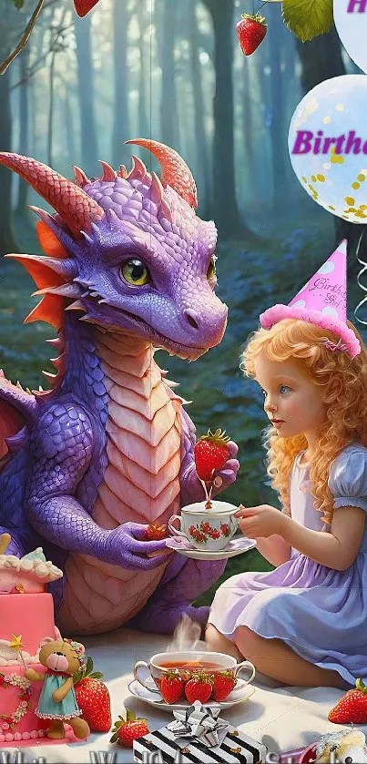 Girl and dragon celebrating birthday in a magical forest setting.