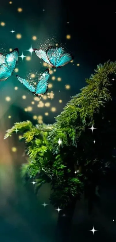 Magical blue butterflies glowing in a dark forest setting for mobile wallpaper.