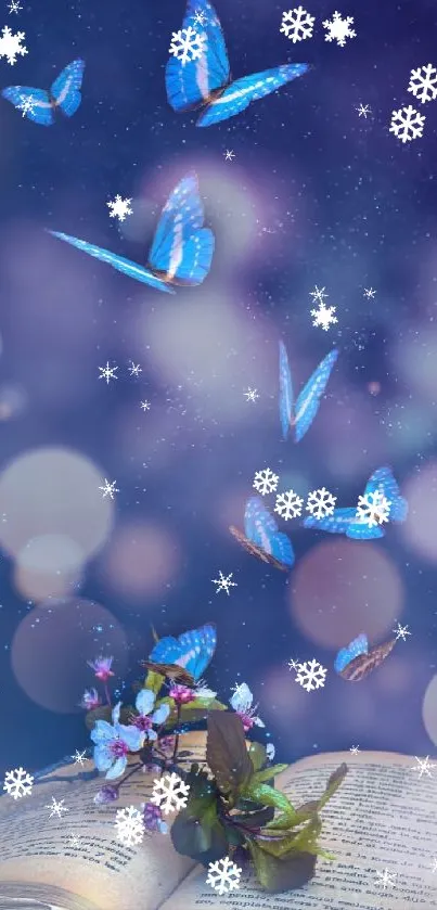 Blue butterflies flying over open book with flowers.