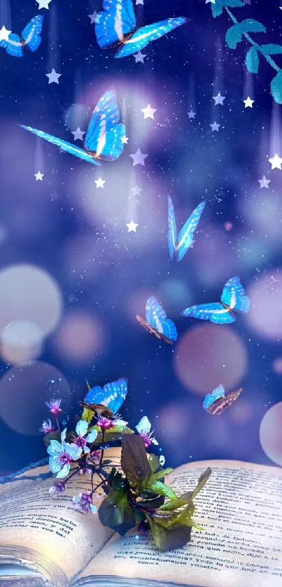 Magical scene with butterflies and an open book in blue hues.