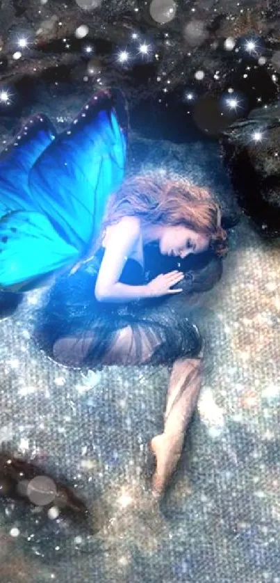 A fairy with blue wings sleeps in a starry dreamscape.