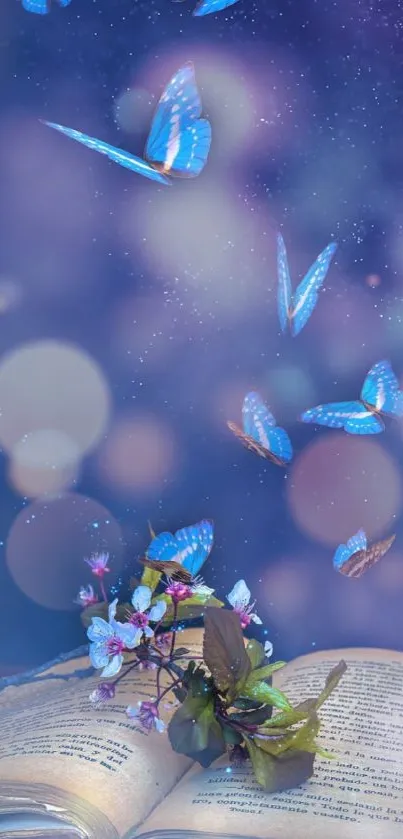 Blue butterflies fly above an open book in a dreamy bokeh scene.