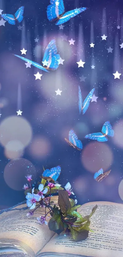 Blue butterflies over an open book with a mystical, blurred background.