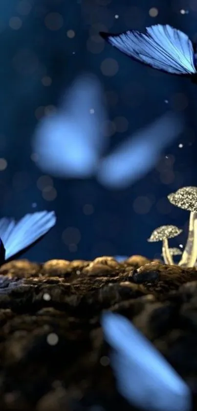 Magical scene with blue butterflies and glowing mushrooms.