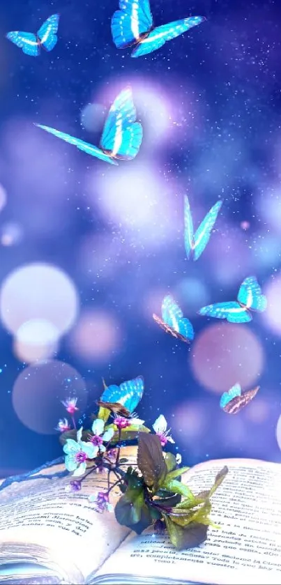 Magical wallpaper with blue butterflies and open book in dreamy scene.