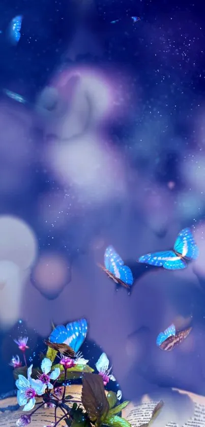 Dreamy night with blue butterflies and stars.