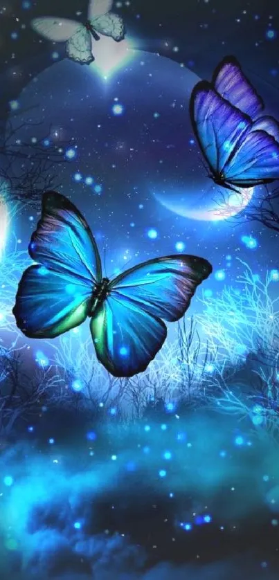 Blue butterflies under a starlit sky with glowing moon, creating a magical scene.