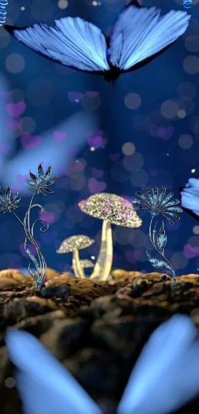 Magical scene of blue butterflies and glowing mushrooms on a dark background.