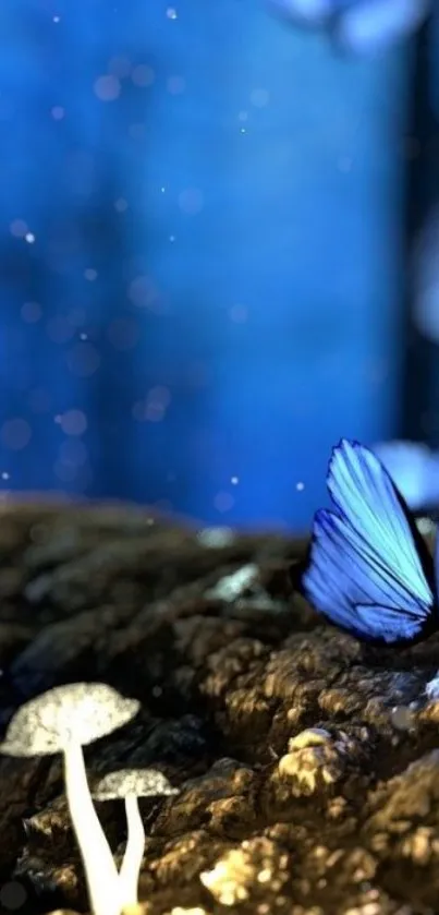 Magical blue butterfly with glowing mushrooms.