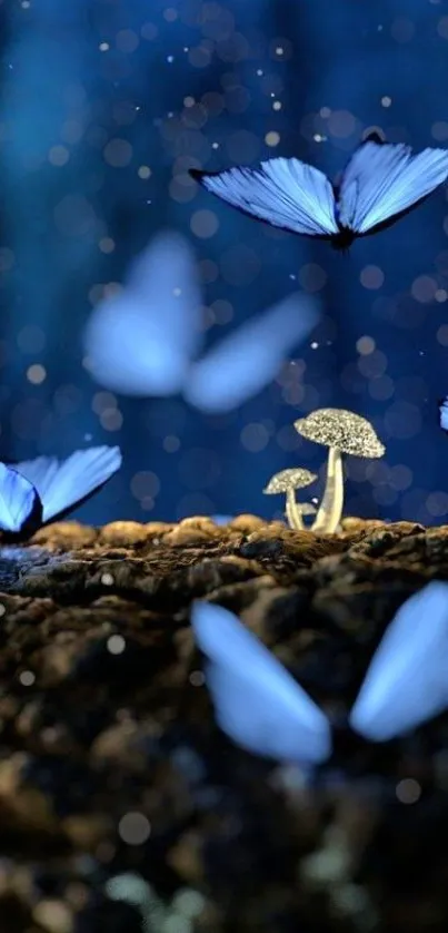 Blue butterflies fluttering over glowing mushrooms in a dark, magical forest setting.