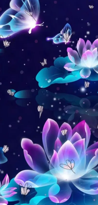 Ethereal butterflies with glowing lotuses on a dark blue background.