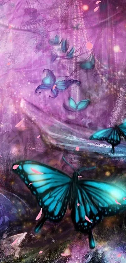 Magical blue butterflies in a vibrant purple setting.