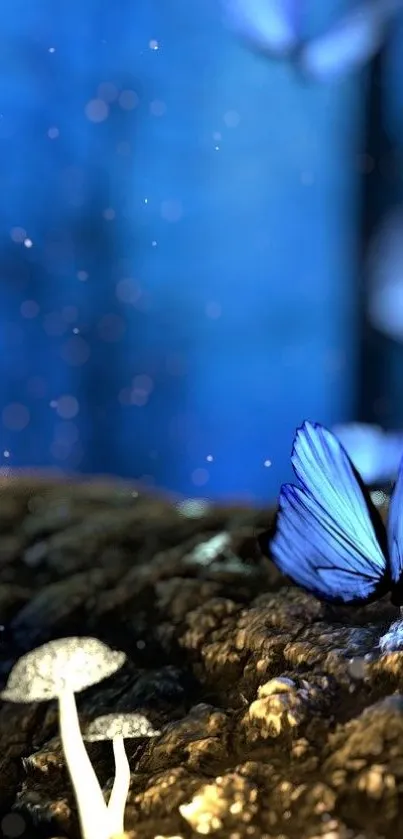 Blue butterfly glowing in a mystical forest scene, creating a serene atmosphere.