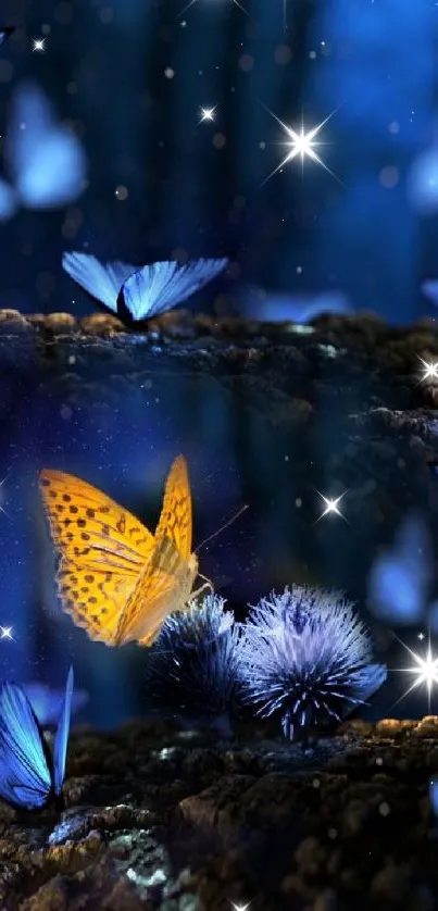 Mystical wallpaper with vibrant orange butterfly and blue butterflies.